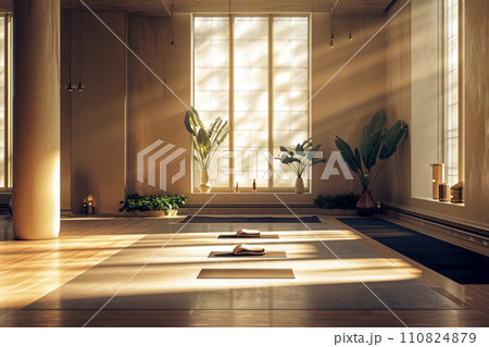 Project of a modern yoga room in the morning sunlight, interior of a small studio for Pilates and yoga training, design for a fitness center Project of a modern yoga room in the morning sunlight, interior of a small studio for Pilates and yoga training, design for a fitness center 110824879