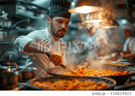 Portrait of a chef at work in the kitchen preparing traditional Italian dishes, steam rising from the pans , idea for a kitchen blog or restaurant advertisement Portrait of a chef at work in the kitchen preparing traditional Italian dishes, steam rising from the pans , idea for a kitchen blog or restaurant advertisement 110824922