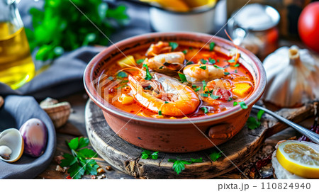 Traditional Cacciucco soup made from fish meat, shellfish and crustaceans on the table in a traditional Italian trattoria, restaurant menu design 110824940