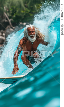 Happy elderly Polynesian man surfing on a bright sunny day, vertical poster and invitation to resort and vacation 110825054