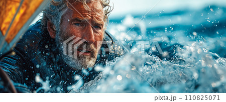 Banner with a portrait of an old captain on a yacht during a storm, a serious and purposeful look, harsh male work in the ocean, competition under sail, copy space for concept 110825071