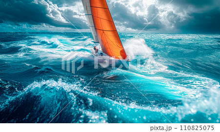 A yacht under a scarlet sail sails along a stormy azure sea, participation in a regatta or sailing trip in the ocean, an idea for a banner and advertising A yacht under a scarlet sail sails along a stormy azure sea, participation in a regatta or sailing trip in the ocean, an idea for a banner and advertising 110825075