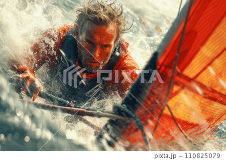 Top view of a sailor on a yacht during a storm in splashes of water, the raging beauty of nature, the concept of an invitation to a regatta in the ocean 110825079