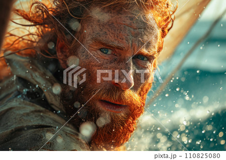 Red-haired sailor during a regatta or work at sea, close-up portrait of a sailor participating in a high-speed regatta during a storm at sea, advertising adventures in the ocean 110825080