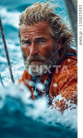 Vertical banner with an adult regatta participant during a storm at sea, sport and adventure concept, adventure for an ocean crossing cruise under sail 110825083