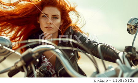 Beautiful young red-haired woman with freckled hair flying in the wind sitting on her motorcycle, healthy lifestyle and wanderlust 110825105