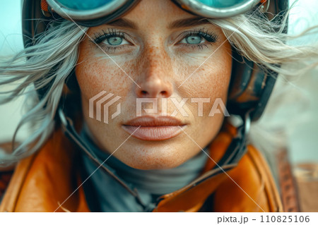 Close-up - portrait of an adult blonde woman in a motorcycle helmet, the idea of freedom and travel as a passion for new discoveries and contacts, motorcycle advertising Close-up - portrait of an adult blonde woman in a motorcycle helmet, the idea of freedom and travel as a passion for new discoveries and contacts, motorcycle advertising 110825106
