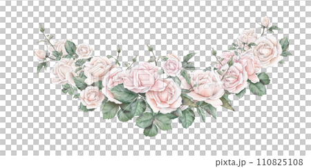 Watercolor frame illustration white cream rose and green leaves isolated on white background. Border hand painted natural plant twigs with light peach fuzz color roses rose for design postcards Watercolor frame illustration white cream rose and green leaves isolated on white background. Border hand painted natural plant twigs with light peach fuzz color roses rose for design postcards 110825108