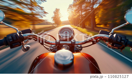 View from the side of a biker on the road and the steering wheel of a motorcycle, the concept of freedom and passion for travel, copy space for text 110825127