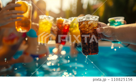 Favorite natural soft drinks in hands against the backdrop of the pool during a party, concept for advertising refreshing lemonades and juices at a student pool party Favorite natural soft drinks in hands against the backdrop of the pool during a party, concept for advertising refreshing lemonades and juices at a student pool party 110825156