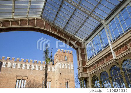 Greenhouse. Greenhouse located in a park in Barcelona, a city in Spain. Exterior architecture on a clear day. BARCELONA, SPAIN - JANUARY. 22, 2024. 110825352