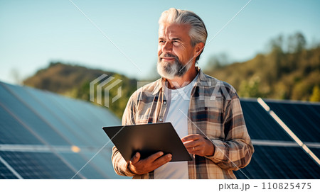 AI-generated content. Handsome Caucasian senior man technician standing outside among solar panels and examines folded tablet. Work on sunny modern farm. AI-generated content. Handsome Caucasian senior man technician standing outside among solar panels and examines folded tablet. Work on sunny modern farm. 110825475