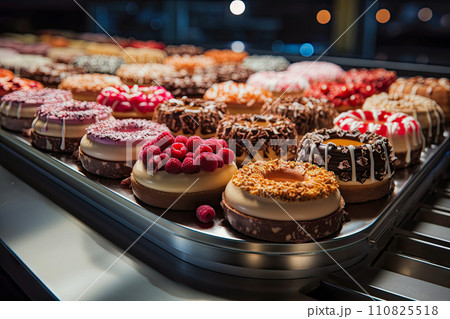 AI-generated content. conveyor belt with many cakes on it AI-generated content. conveyor belt with many cakes on it 110825518