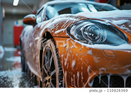 AI-generated content. Professional Car Wash orange Sportscar with Shampoo close-up AI-generated content. Professional Car Wash orange Sportscar with Shampoo close-up 110826369
