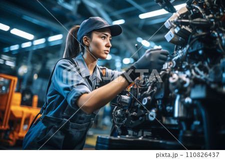 AI-generated content. Skilled female engineer fine-tuning machinery on the automotive assembly line 110826437