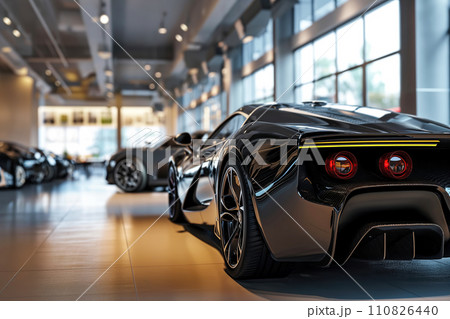AI-generated content. Premium black sports cars in modern dealership showroom with huge windows 110826440