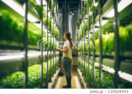 AI-generated content. Focused female farm owner back view inspecting plants at an indoor vertical farm with hydroponic system 110826441