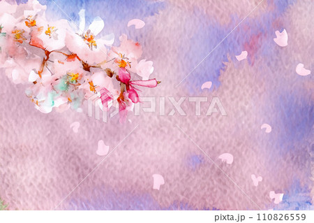 桜吹雪素材】桜と青空と桜吹雪イメージ・水彩画調【長野県】のイラスト