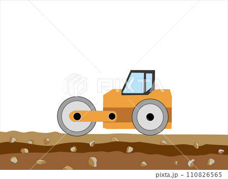 重機のロードローラーで地面を平らにしている。 重機のロードローラーで地面を平らにしている。 110826565