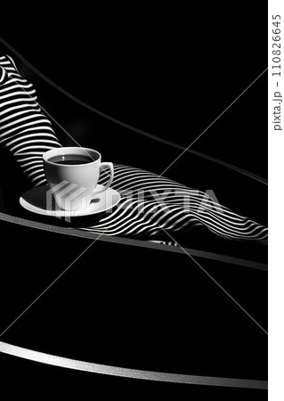 AI-generated content. black and white studio shot of woman lying and drinking coffee, stylish striped dark shot with shadows, female drink espresso AI-generated content. black and white studio shot of woman lying and drinking coffee, stylish striped dark shot with shadows, female drink espresso 110826645