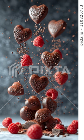 AI-generated content. Tasty Yummy Homemade Sweet Cookies. Chocolate and Raspberry Heart Shape Pastry Dessert. Food Photo Background. Valentine's Day Composition. 110826753