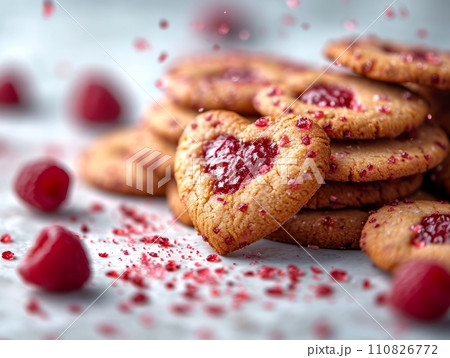 AI-generated content. Tasty Yummy Homemade Sweet Cookies. Chocolate and Raspberry Heart Shape Pastry Dessert. Food Photo Background. Valentine's Day Composition. 110826772