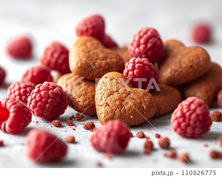 AI-generated content. Tasty Yummy Homemade Sweet Cookies. Chocolate and Raspberry Heart Shape Pastry Dessert. Food Photo Background. Valentine's Day Composition. 110826775