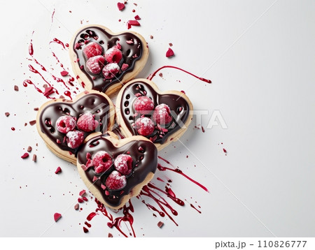 AI-generated content. Tasty Yummy Homemade Sweet Cookies. Chocolate and Raspberry Heart Shape Pastry Dessert. Food Photo Background. Valentine's Day Composition. 110826777