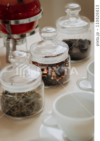 Coffee or tea cups on catering table at conference or wedding banquet table 110826813