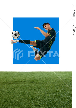 Young guy, soccer player jumping and hitting ball isolated over white background with grass flooring Young guy, soccer player jumping and hitting ball isolated over white background with grass flooring 110827086