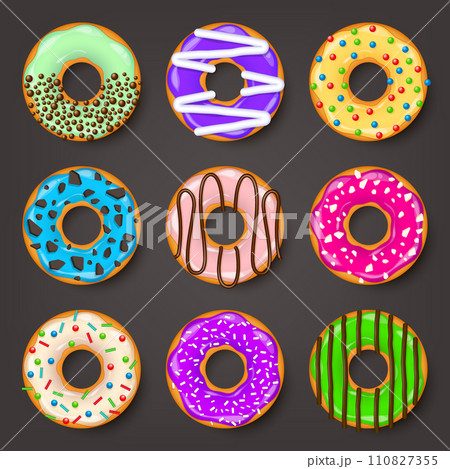 Donut, begel with cream. Cookies,cookie cake set. Sweet dessert with sugar and caramel. Tasty breakfast cooking. Cafateria food, snack. Coffee shop.Vector illustration. Donut, begel with cream. Cookies,cookie cake set. Sweet dessert with sugar and caramel. Tasty breakfast cooking. Cafateria food, snack. Coffee shop.Vector illustration. 110827355