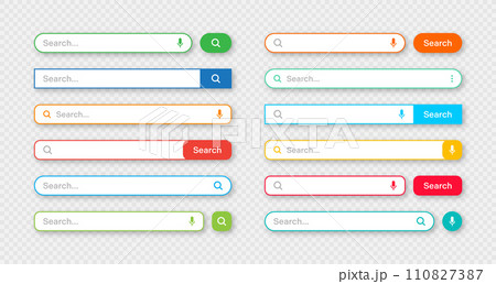 Colorful search bar templates. Internet browser engine with search box, address bar and text field. UI design, website interface element with web icons and push button. Vector illustration Colorful search bar templates. Internet browser engine with search box, address bar and text field. UI design, website interface element with web icons and push button. Vector illustration 110827387