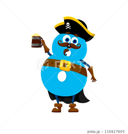 Cartoon funny number 8 pirate or corsair character in tricorn hat with rum mug, isolated vector. Number eight in costume of pirate or marine filibuster and buccaneer in pirate hat with Caribbean rum 110827605