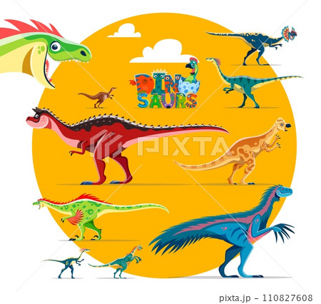 Dinosaurs cartoon characters. Dilophosaur, Gallimimus, Carnotaurus and Pachycephalosaurus, Therizinosaurus and Oviraptor, Compsognathus dinosaurs, extinct reptile or lizard vector cheerful personages 110827608