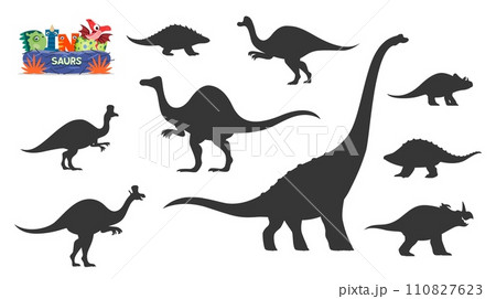 Cute dinosaurs cartoon personages silhouettes. Nodosaurus, Hypacrosaurus, Lambeosaurus and Titanosauria, Centrosaurus, Panoplosaurus, Avaceratops and Deinocheirus, Corythosaurus vector silhouettes Cute dinosaurs cartoon personages silhouettes. Nodosaurus, Hypacrosaurus, Lambeosaurus and Titanosauria, Centrosaurus, Panoplosaurus, Avaceratops and Deinocheirus, Corythosaurus vector silhouettes 110827623