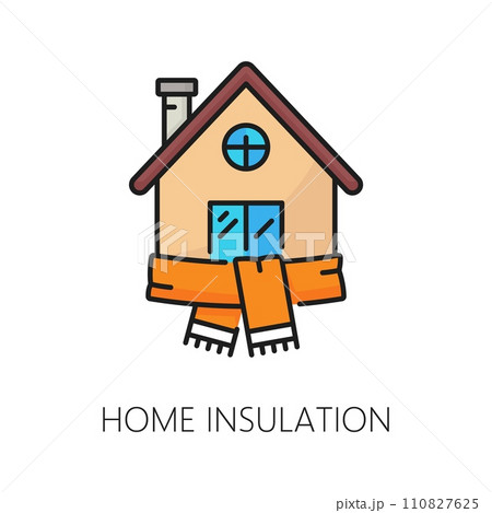 Home wall thermal insulation icon. Construction insulation layer technology thin line symbol, home facade energy save and heat protection material outline vector icon with house in warm scarf 110827625