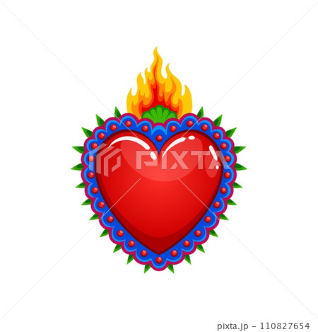 Mexican sacred heart with burning flame, vector tattoo or religious symbol. Sacred heart or Corazon Milagro of Mexican Catholic religion, Jesus God love and divine miracle sign with ethnic ornament Mexican sacred heart with burning flame, vector tattoo or religious symbol. Sacred heart or Corazon Milagro of Mexican Catholic religion, Jesus God love and divine miracle sign with ethnic ornament 110827654