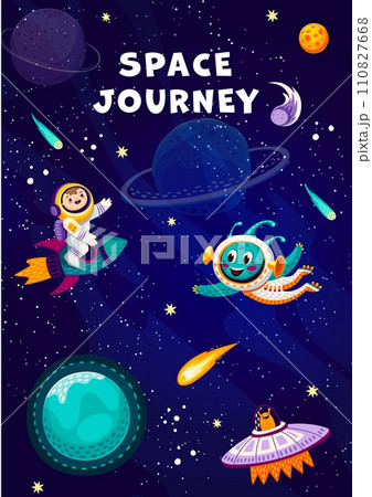 Cartoon alien, UFO saucer and kid astronaut on space rocket in starry galaxy, vector background. Kid spaceman on spaceship on galactic travel to stars in outer space with martian alien between planets Cartoon alien, UFO saucer and kid astronaut on space rocket in starry galaxy, vector background. Kid spaceman on spaceship on galactic travel to stars in outer space with martian alien between planets 110827668