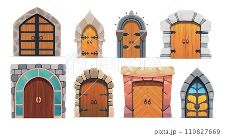 Cartoon medieval castle gates, wooden doors, arch entrance. Vector exterior portals with stone doorways. Wooden fairytale arched entries. Palace architecture elements with forgery and ring knobs set 110827669