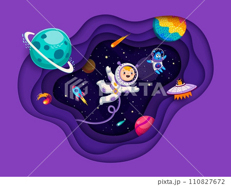 Space paper cut banner with kid astronaut, alien and UFO in starry galaxy. Vector funny spacemen characters with cartoon space planets, rocket, comets and stars in 3d papercut frame with wavy layers 110827672