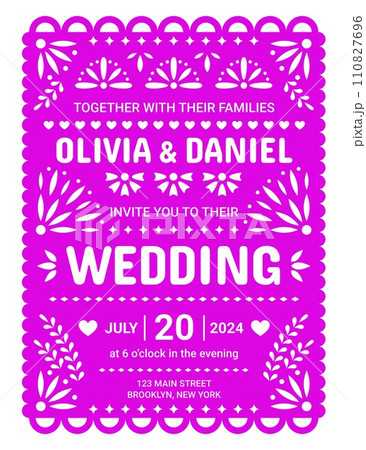 Wedding invitation in mexican paper cut papel picado flag style with vector floral ornaments of flowers, leaves and hearts. Wedding and marriage anniversary party invite banner with ethnic pattern 110827696