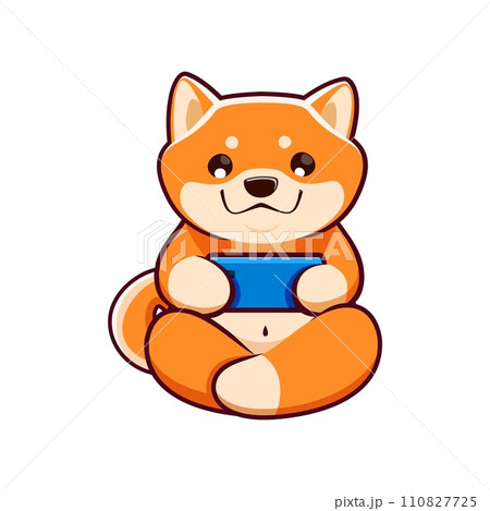 Cartoon kawaii cute pet shiba inu dog and puppy character plays smartphone game. Isolated vector tech-savvy japanese pup tapping screen with paws with excitement, engrossed into the interactive fun 110827725
