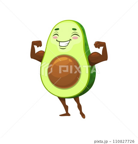 Cartoon Mexican powerful avocado character with muscles. Tropical fruit bodybuilder funny personage showing biceps muscled. Strong avocado isolated vector comical character or mascot Cartoon Mexican powerful avocado character with muscles. Tropical fruit bodybuilder funny personage showing biceps muscled. Strong avocado isolated vector comical character or mascot 110827726