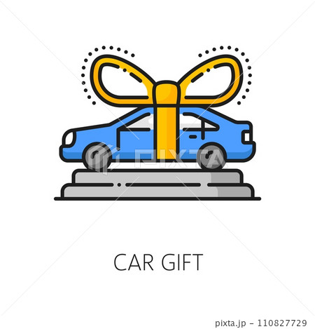 Car gift line icon for dealership and vehicle buy or auto dealer salon, outline vector. Premium cars shop or automotive store showroom line icon of gift car with ribbon for automotive trade center 110827729