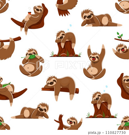 Cartoon sloth character seamless pattern, vector background with cute lazy sleeping animal. Sloth pattern or tropical jungle sleepy bear hanging on tree, sleeping or snooze and drinking coffee Cartoon sloth character seamless pattern, vector background with cute lazy sleeping animal. Sloth pattern or tropical jungle sleepy bear hanging on tree, sleeping or snooze and drinking coffee 110827730