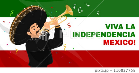 Independence day of Mexico banner with mariachi musician character playing trumpet on national flag background with confetti and musical notes. Vector greeting card for celebration Mexican pride 110827758