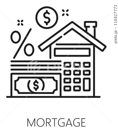 Real estate icon. Mortgage loan vector sign with outline home or house building, bank payment money coin and notes, credit percent and calculator. Real property, house and apartment purchase mortgage Real estate icon. Mortgage loan vector sign with outline home or house building, bank payment money coin and notes, credit percent and calculator. Real property, house and apartment purchase mortgage 110827772