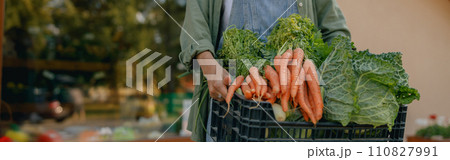 Close up of woman farmer with just harvested vegetables basket ready to sale. Agricultural concept 110827991