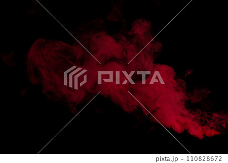 Red Dense Fluffy Puffs of White Smoke and Fog on black Background, Abstract Smoke Clouds, Movement Blurred out of focus. Smoking blows from machine dry ice fly fluttering in Air, effect texture 110828672