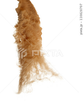 Sand Storm desert with wind blow spin around. Golden yellow sand tornado storm with high wind. Fine Sand circle around, White background Isolated throwing particle element object 110828707